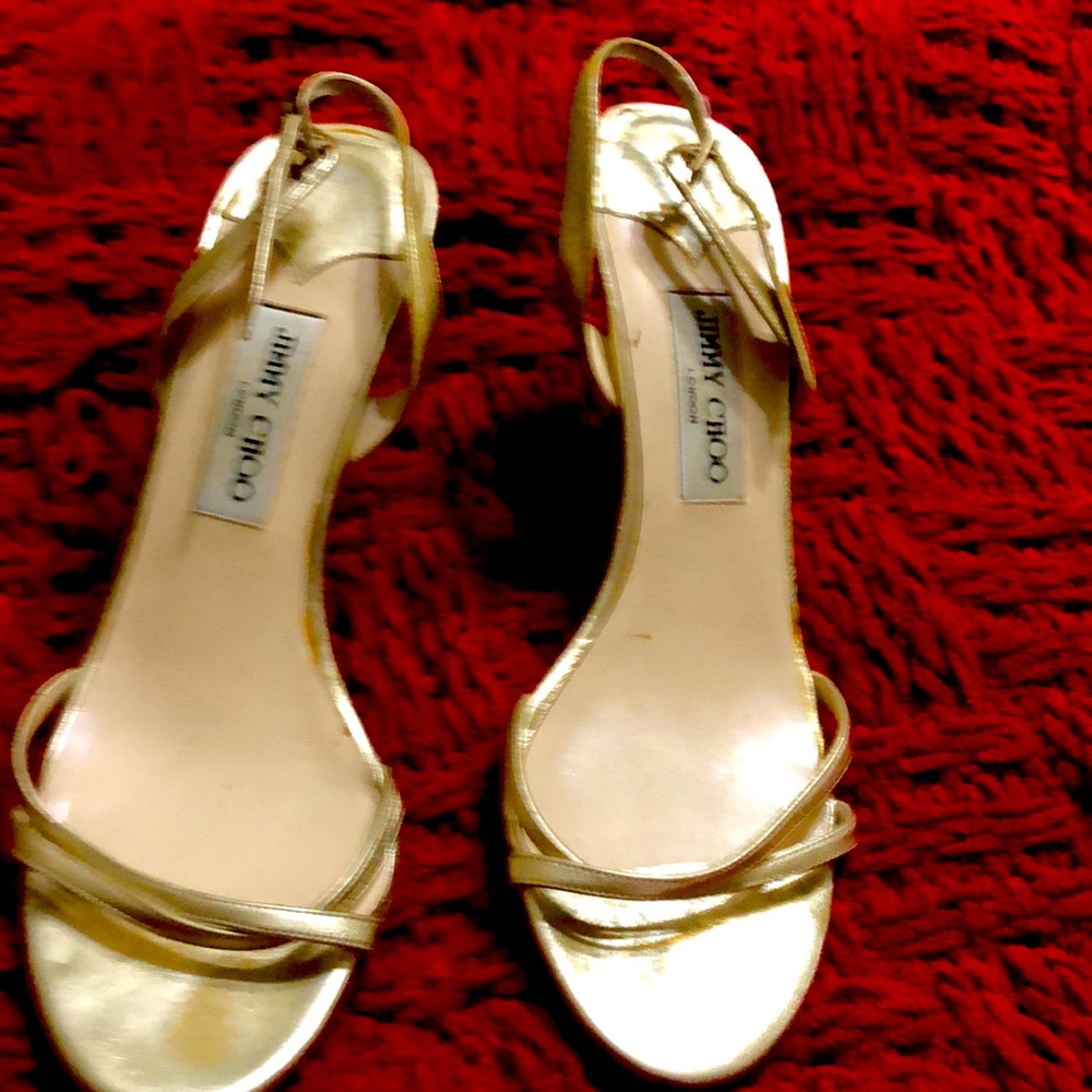Jimmy  Choo gold satin 3.5” heels. Open toes. Great for holiday parties.